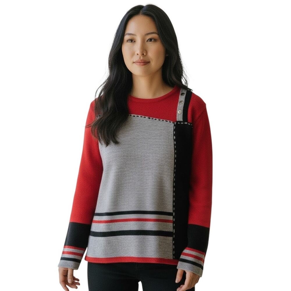Vintage 80's Sara Morgan Asymmetric Colorblock Knit Sweater Large Red Gray Black